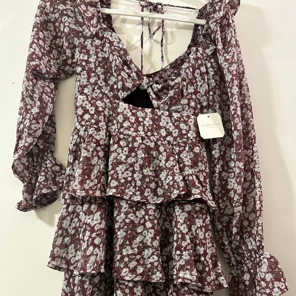 Altar'd State Maroon Floral Ruffle Dress